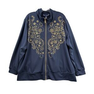 Susan Graver Style Navy Blue Gold Foil Floral Zip Front Track Jacket Plus 3X